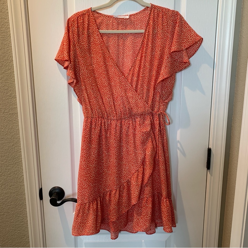 ALL IN FAVOR Cross Over Tie Front Ruffle Midi Patterned Sundress Orange Medium - Picture 3 of 13